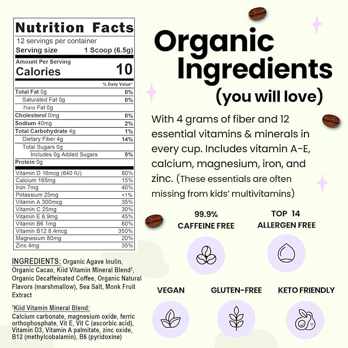 Kiid Coffee - 99.9% Caffeine-Free Organic Coffee for Kids - As Seen on Shark Tank - 12 Vitamins & Minerals, 4g Prebiotics, 0g Sugar - Non-GMO & Gluten-Free - Healthy Snack - Smores Latte - 12 Servings