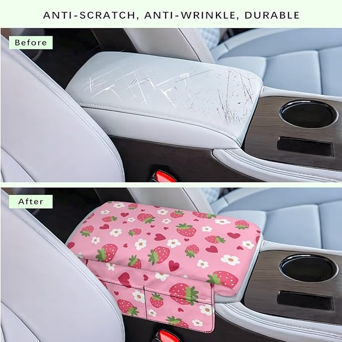 Dreaweet Car Center Console Cover Cute Strawberry Arm Rest Cover for Car Women Soft Thick Center Console Armrest Pad with Pockets Soft Comfortable Car Armrest Storage Box Mat