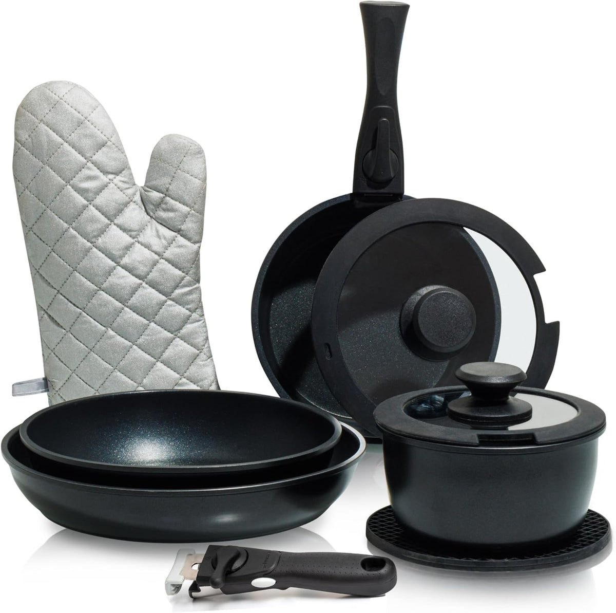 Moss & Stone Aluminum Pots And Pans Set Nonstick, Removable Handle Cookware, Stackable Pots And Pans Set, Dishwasher safe, Induction Pots And Pans, Camping Cookware Set (5 Pcs Burgandy)