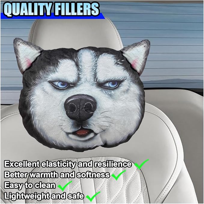 Cute Husky Dog Car Headrest Pillow- Memory Foam Car Neck Pillow Auto Seat Cushion of Headrests for Pain Pressure Relief- Cartoon Neck Support Cushion with Adjustable Strap for Most Cars (Husky)