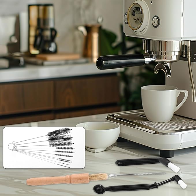 14pcs Coffee Machine Cleaning Brush Set, Wood & Plastic Espresso Grinder Maker Cleaner Kit Multifunctional Brushes for Portafilter Burrs Mugs Bottles Home & Commercial Use