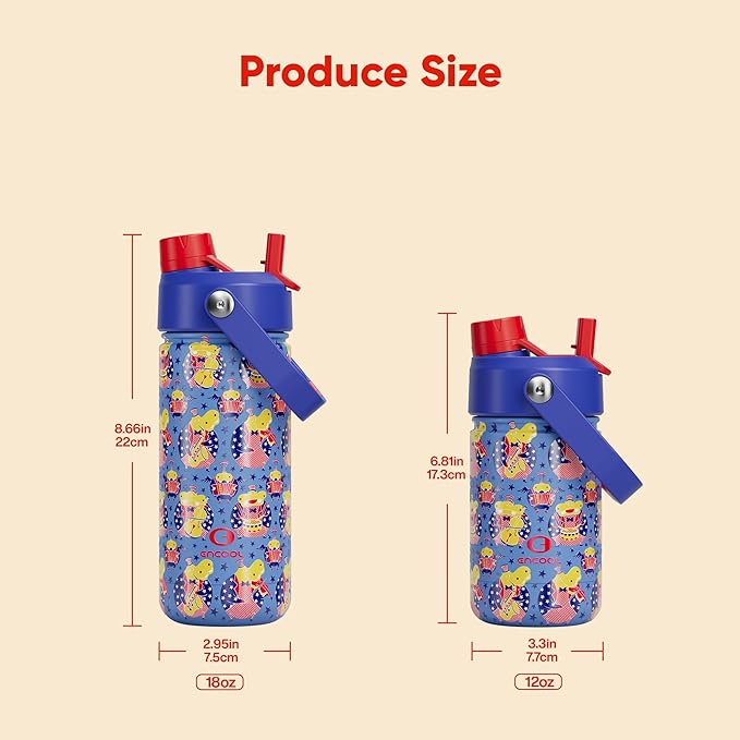 Kids Insualated Water Bottle with Straw,18oz Stainless Steel Water Bottle with Dual Spouts, Leak-Proof,BPA-Free,Double Wall Vacuum Keeps Cold for 24 Hours for Sports,Travel,School (Blue Hippo Parade)