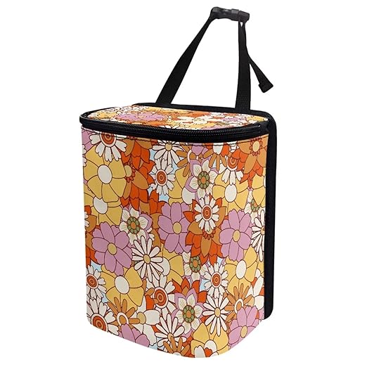 Colorful Hippie Flower Car Trash Bin Bag with Lid,Cottagecore Floral Hanging Auto Garbage Can Waste Storage Bag Universal Fit Most Vehicle Truck SUV Road Trip，Picnic