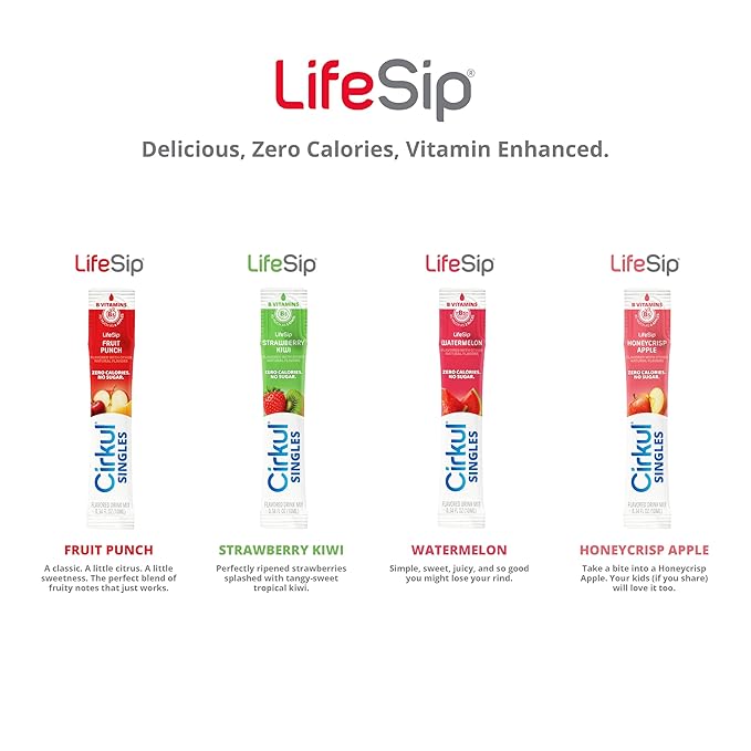 LifeSip® Cirkul® Singles 24-Pack, B-Vitamins Flavor Water Variety Pack, No Sugar, Zero Calorie Drink Mix, (6 Fruit Punch, 6 Strawberry Kiwi, 6 Honeycrisp Apple, and 6 Watermelon)