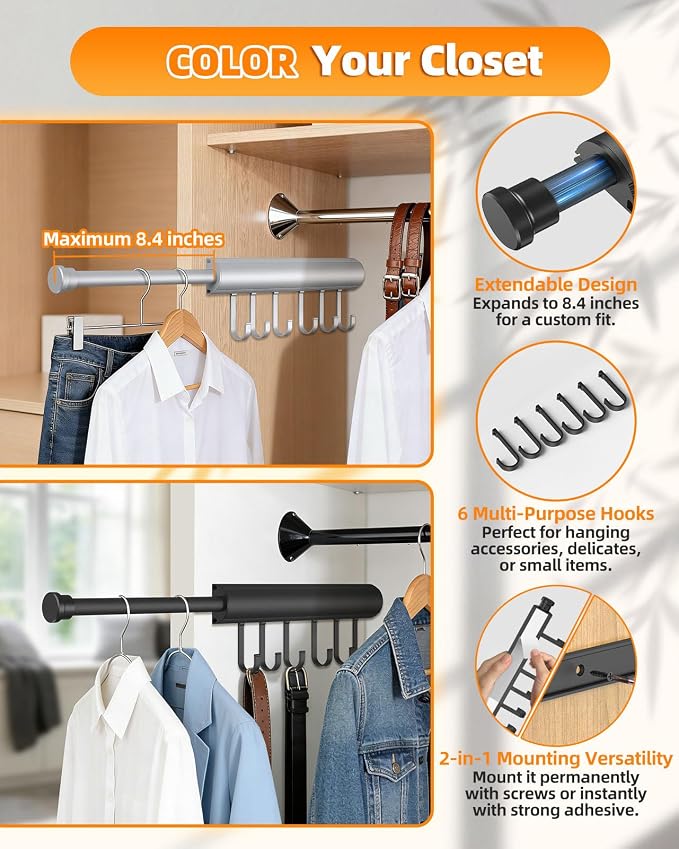 12 inch Valet Rod for Closets Pull Out, Closet Rods Extenders for Hanging Clothes Telescoping Adjustable With 6 Hooks (Black, 12 Inch-1 Pack)