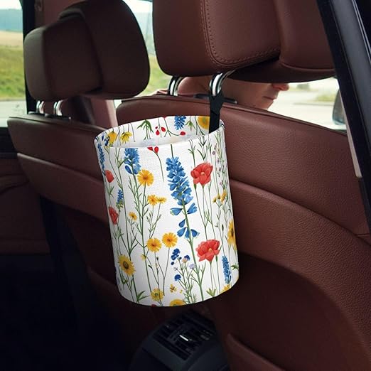 Summer Wildflower Car Trash Can Garbage Cans Foldable,Cute Hanging Car Organizer and Storage Bag Leak Proof, Auto Back Seat Trash Bin Universal for Truck, SUV, Outdoor Travel