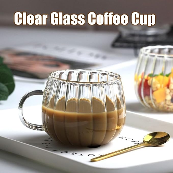 Viovian 12oz Clear Glass Coffee Mugs Set of 6 Ribbed Coffee Cups With Handles Modern Cute Glass Tea Mug Cup for Hot Beverage/Cappuccino/Latte/Cereal/Yogurt/Mocha/Milk