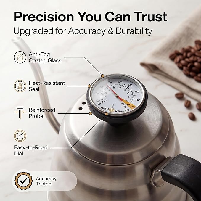 Barista Warrior Gooseneck Kettle for Pour Over Coffee and Tea with Thermometer for Exact Temperature, Precision Pour Drip Spout, Stainless Steel, Compatible with all Stove Tops (1.2 Liter, 40 fl oz)