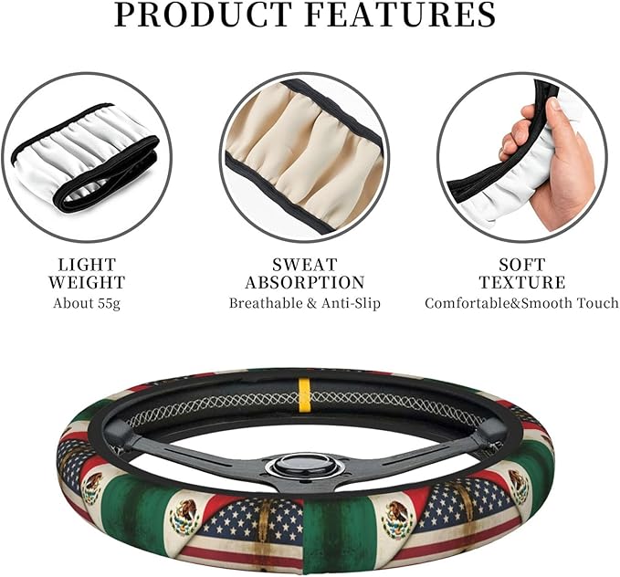 Mexican America Flag Print Universal Fit Steering Wheel Cover for Car, Truck, and SUV, Durable Steering Wheel Protection