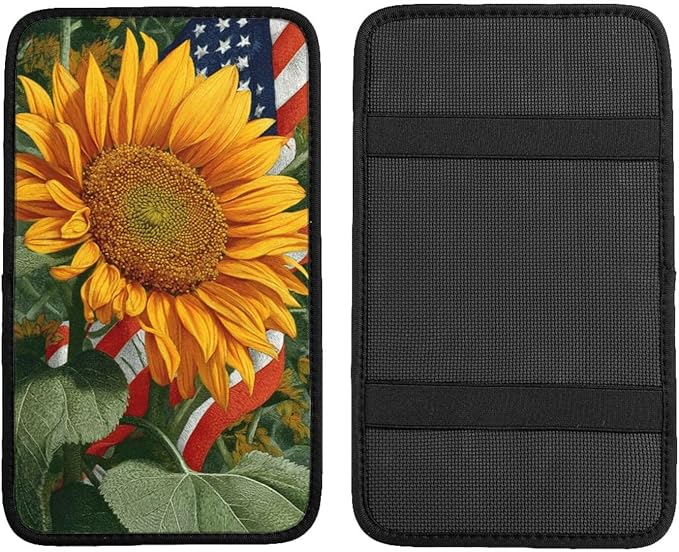 Sunflower Center Console Cover Pad, American Flag Car Armrest Seat Box Cover Cushion Universal for Most Vehicle SUV Truck, Car Interior Accessories Decor, Protect from Pet Claws & Dirt