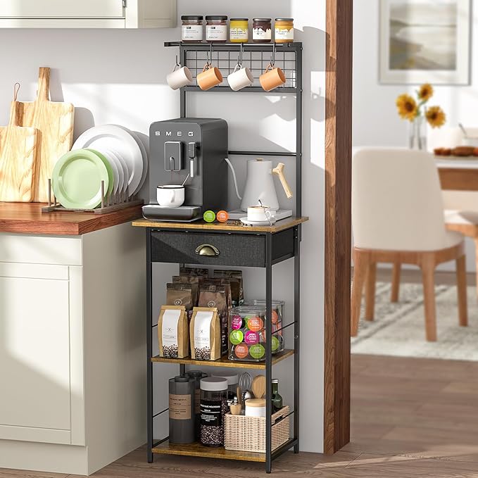 5 Tier Coffee Bar Station with Drawer, Kitchen Stand with 4 S-Shaped Hooks, Farmhouse Corner Coffee Bar Cabinet for Small Spaces, Bakers Rack for Kitchen, Living Room, 13.43" D x 18.93" W x 53.31" H