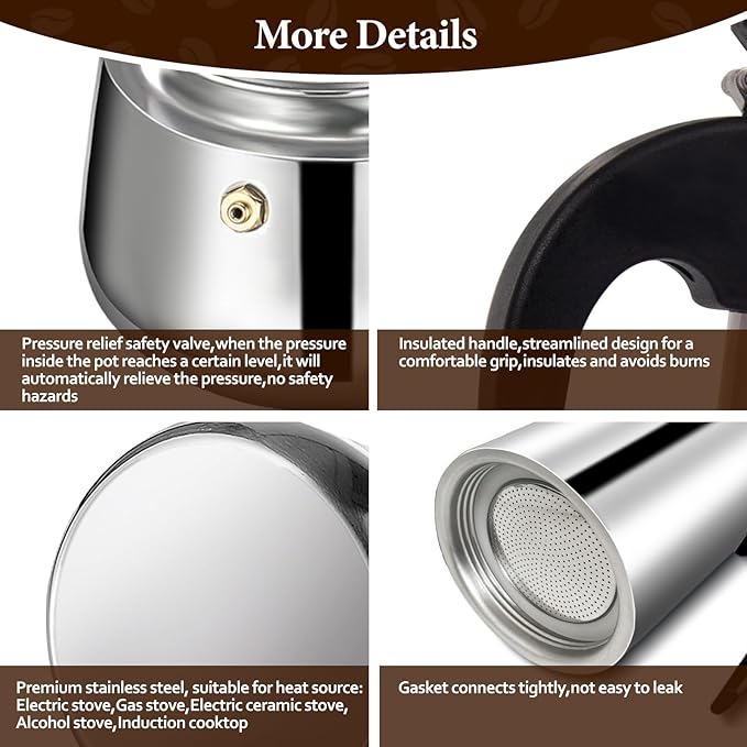 2 Cup Moka Pot Percolator Italian Coffee Maker 100ml Stovetop Espresso Mocha Stainless Steel Greca Coffee Maker Classic Cafe Makers Suitable for Induction Cookers Ceramic Stoves Straight