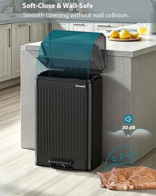 Lovewind Kitchen Trash Can, 18.5 Gallon / 70L Large Kitchen Garbage Can with Soft Close Lid – Pet Resistant, Removable Inner Bucket, Stainless Steel Trash Bin Perfect for Big Families, Black