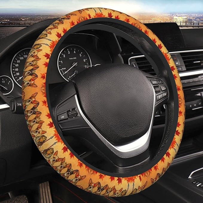 Multi-Color Long-Haired Chihuahua Dog Neoprene Steering Wheel Covers Women Men Car Accessories, Universal 15 Inch Fit Auto, Suvs, Truck