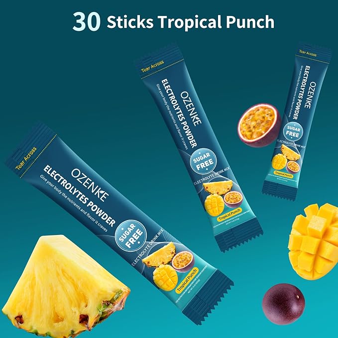 Electrolytes Powder Packets, 30 Sticks Hydration Packet Sugar Free, Electrolyte Drink Mix Travel Electrolyte for Rapid Hydration, Tropical Punch