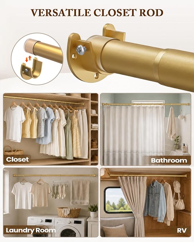 Heavy Duty Closet Rod, 17-69 IN Closet Rods for Hanging Clothes, Gold | Stepless Adjustable, Supports up to 66 lbs, Multiple Size Options, Easy Installation, Multi Purpose , Wall-Mounted