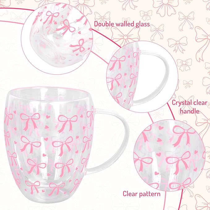JarThenaAMCS Pink Bow Double Wall Glass Coffee Mugs 12Oz Cute Bowknot Heart Insulated Glasses Clear Espresso Cups with Handle for Home Holiday Supplies, Set of 2