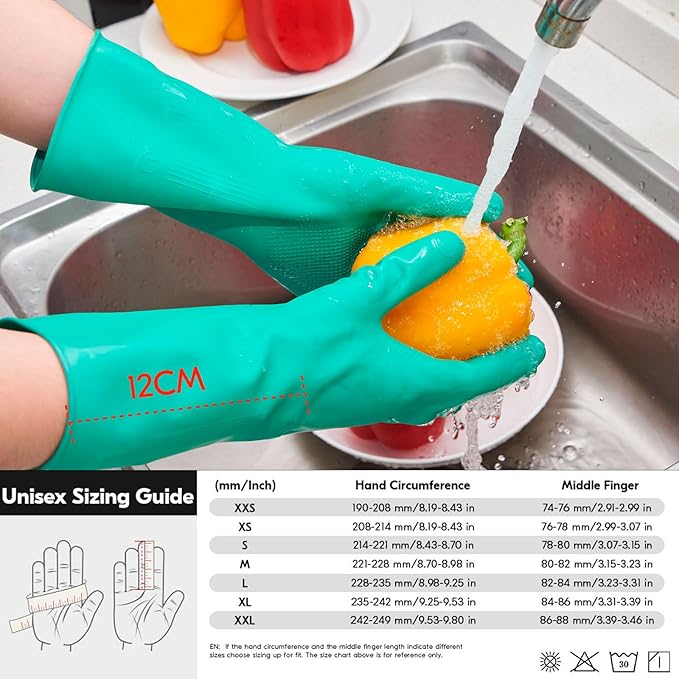 Vgo... 10-Pairs Reusable Household Gloves, Rubber Dishwashing gloves, Extra Thickness, Long Sleeves, Kitchen Cleaning, Working, Painting, Gardening, Pet Care (Size L, Green, HH4601)
