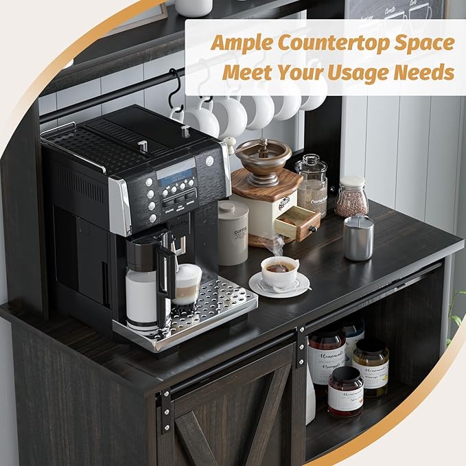 4ever2buy Farmhouse Coffee Bar Cabinet with Hutch, 50 Inch Coffee Bar Hutch with Sliding Barn Door & 6 Hooks for Living Dining Room, Dark Oak | Sliding Barn Door, 6 Hooks