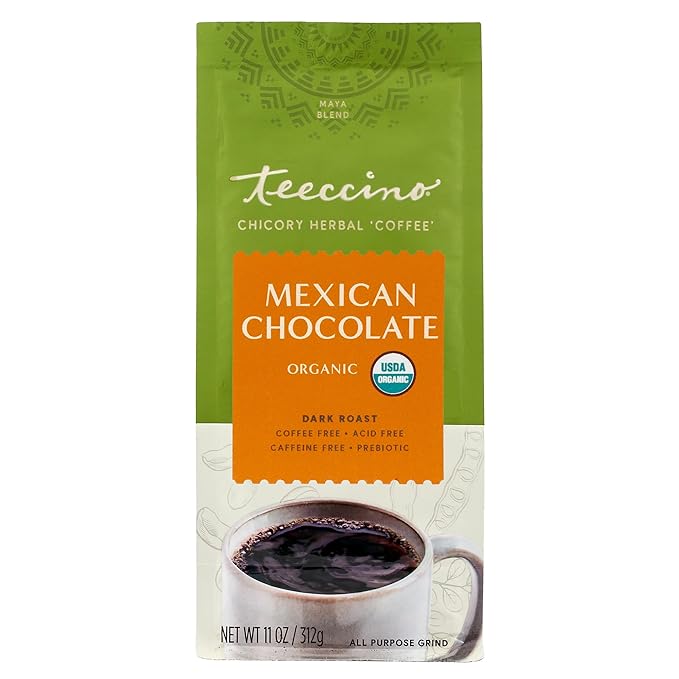 Teeccino Mexican Chocolate Chicory Coffee Alternative - Ground Herbal Coffee That’s Prebiotic, Caffeine-Free & Acid Free with a Hint of Spice, Dark Roast, 11 Ounce