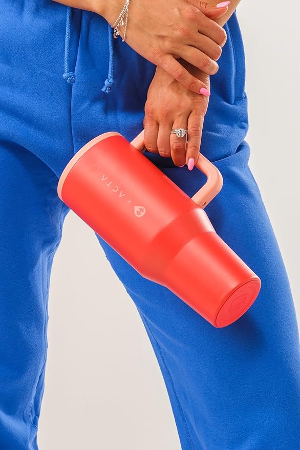 HydroJug Traveler - 40 oz Water Bottle with Handle & Flip Straw - Fits in Cup Holder, Leak Resistant Tumbler-Reusable Insulated Stainless Steel & Rubber Base - Gifts for Women & Men, Peach Pop