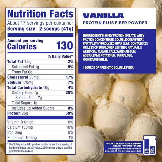 Premier Protein Powder Plus Fiber, Vanilla, 25g Protein, 7g Fiber to Support Gut Health, No Added Sugar (17 Servings)