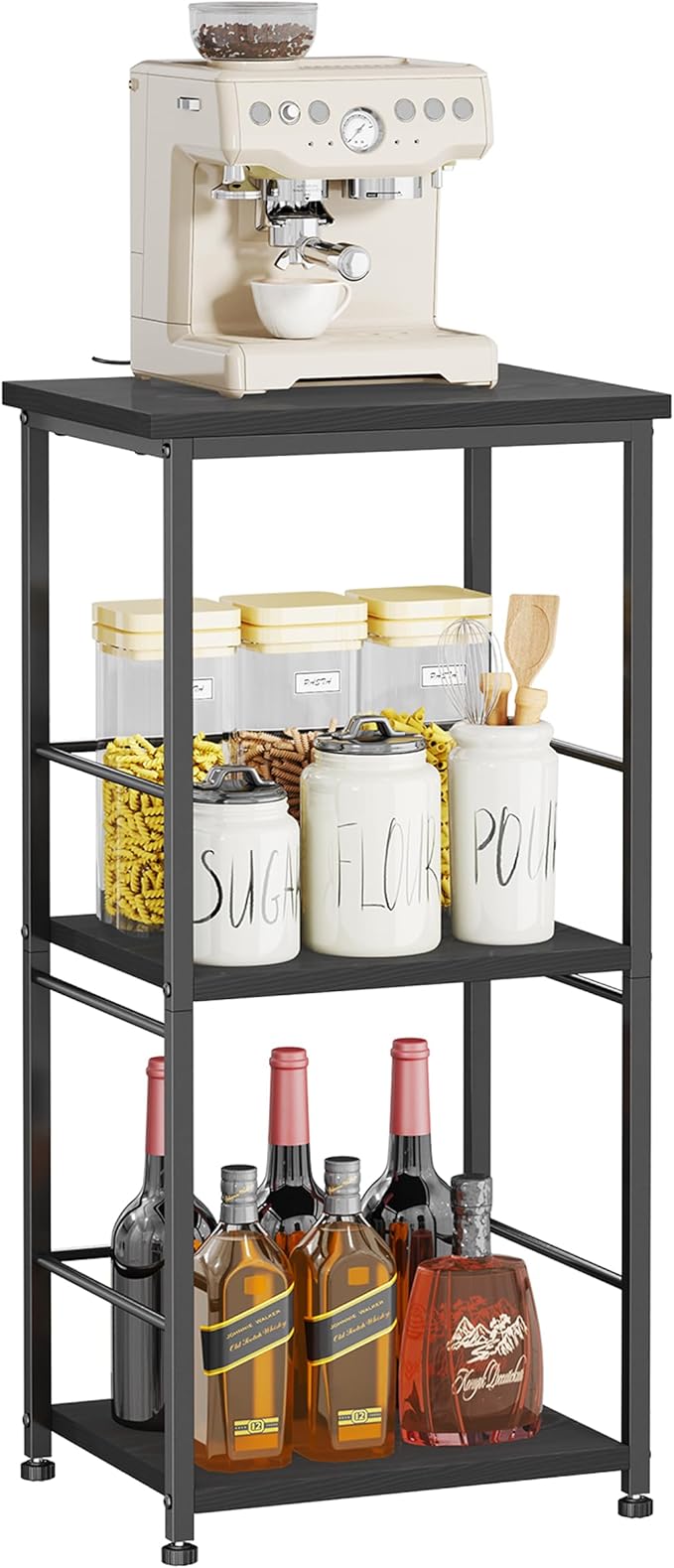 SWTYMIKI Coffee Bar Cabinet for Home - 3-Tier Sturdy Farmhouse Coffee Stand Station Multi-Purpose Buffet Sideboard - Kitchen Bar Table for Living Room, Corner, Small Space, Black