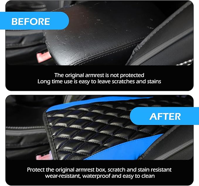 Car Center Console Cover, Leather Waterproof Car Armrest Cover Cushion, Auto Center Console Cushion Pad, Auto Interior Accessories for Most Vehicle, SUV, Truck (Blue)