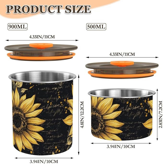 ALAZA Sunflower Vintage Kitten Cats Airtight Coffee Bean Canister Customed 900ml Food Storage Containers with Lids For Gournd, Tea, Sugar, Flour, Rice, Cereal, Candy Cookie Jar