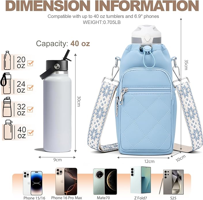 Water Bottle Carrier Bag with Strap, Water Bottle Purse with Phone Pocket 40oz for Walking Hiking