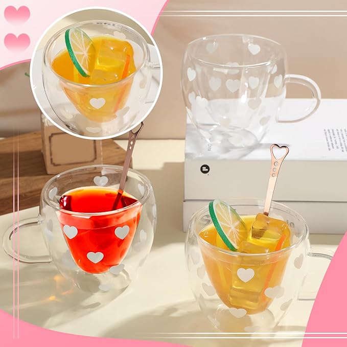 4 Pcs 24oz Valentine's Day Heart Shaped Mug Gift Heart Double Wall Insulated Glass Coffee Mug Cup with Handle Spoon Clear Tea Cups for Wedding Woman Birthday Girlfriend Gift