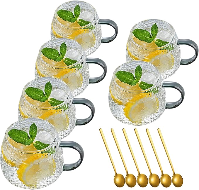 Viovian 15oz Glass Coffee Mugs Set of 6 Vintage Coffee Cups With Handles,Embossed Glass Mug for Hot Cold Beverage Clear Tea Cup for Women Birthday Gifts