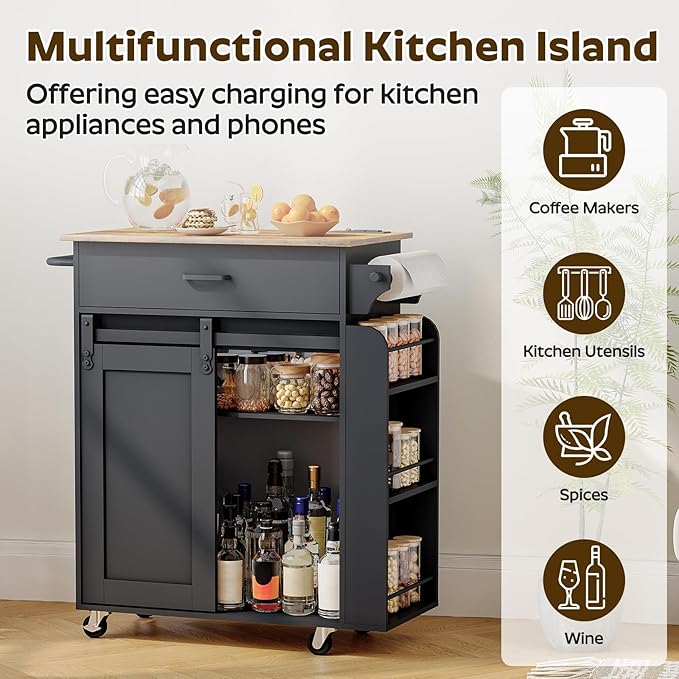 Kitchen Island with Storage, Kitchen Storage Cabinets with Charging Station, Kitchen Island on Wheels, Rolling Island Table with Sliding Cabinet Door, Black and Rustic Brown ZD01UBR