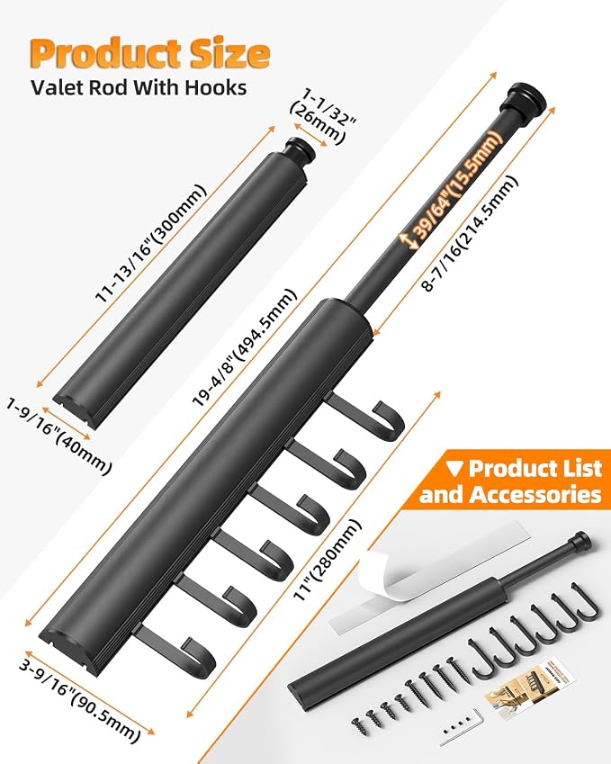 12 inch Valet Rod for Closets Pull Out, Closet Rods Extenders for Hanging Clothes Telescoping Adjustable With 6 Hooks (Black, 12 Inch-1 Pack)