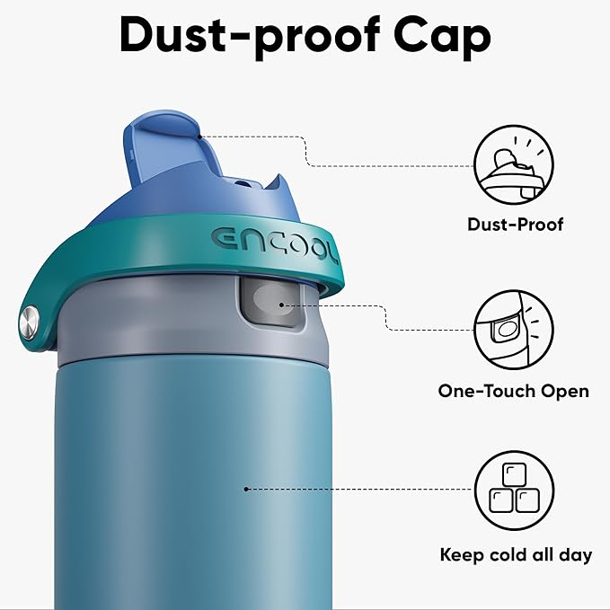 ENCOOL Leakproof Insulated Water Bottle with Straw Dual-Sip Water Bottle Bag-Safe Design for Work, Commute & Gym – Keeps Drinks Cold All Day, 18 oz, Teal Blue