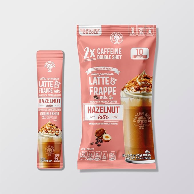 The Frozen Bean Hazelnut Frappe & Latte Instant Mix (10 Sticks), Made with Arabica Coffee, Double Shot Caffeine, Low Sugar & Premium Ingredients, Hot, Iced, or Blended Drinks