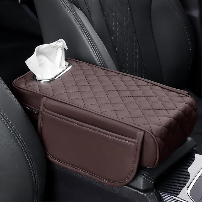 Car Center Console Cover for Fiat 500L (Type 330) 2012-2021, Leather Car Arm Rest Cover, Car Armrest Cushion with 2 Storage Bags Car Center Console Armrest Pad, D Brown