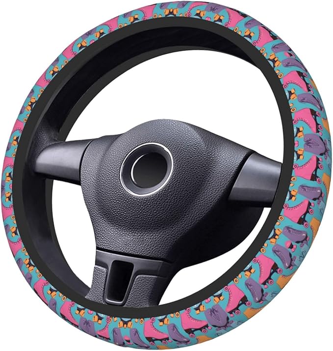 Retro Colorful Roller Skates Universal Fit Steering Wheel Cover for Car, Truck, and SUV, Durable Steering Wheel Protection