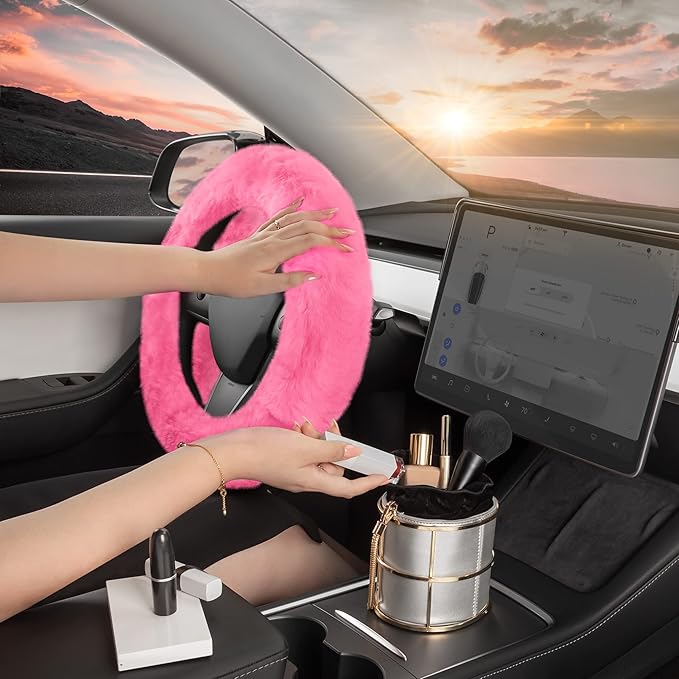 BDK Steering Wheel Covers for Women (Faux Fur - Pink)