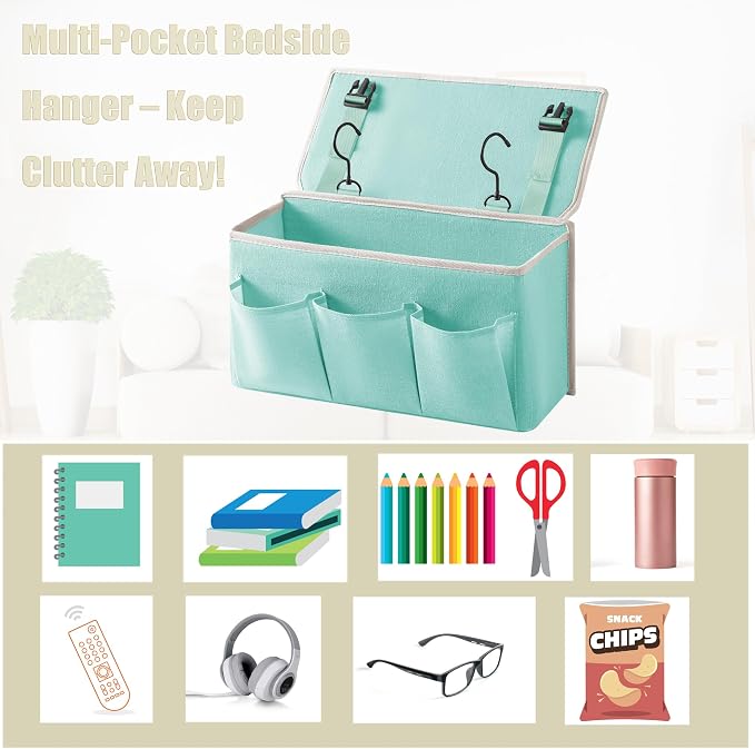 Bedside Caddy/Bedside Storage Organizer Hanging Bag with Three Options,Suitable for home beds, sofas, and dormitory beds—can hold magazines, books, phones, iPads, remote controls. (Green)
