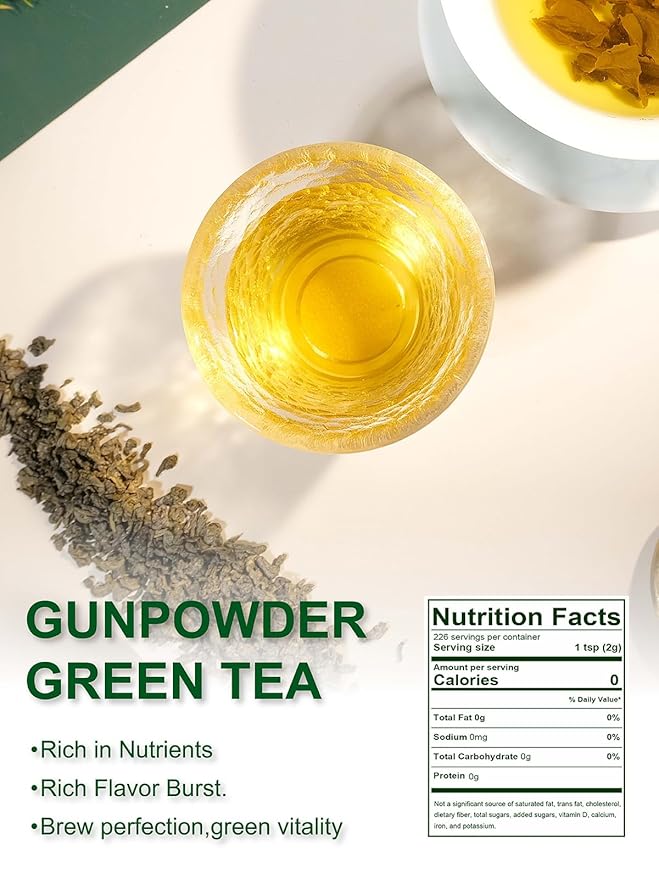 TeeLux Gunpowder Green Tea Loose Leaf, Mellow & Smooth Taste, High Mountain Green Tea with Roasted Aroma, 16oz