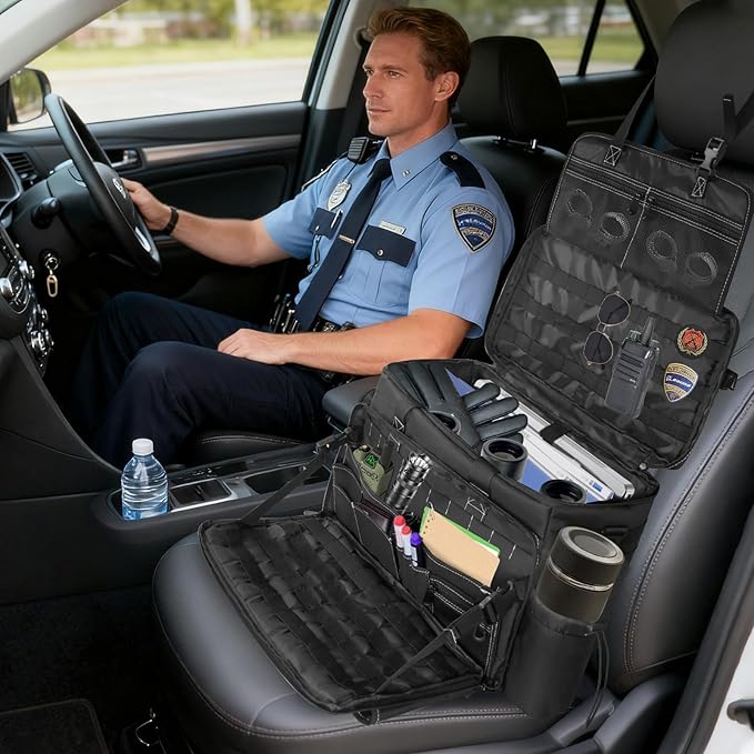 LIWSHWZ Patrol Bag Law Enforcement,Police Gear Bag for Car Front Seat Organizer with 15.6” Laptop Layer and Cup Holders,Multiple Compartments Police Duty Bags Fit Vehicle Passenger Seat