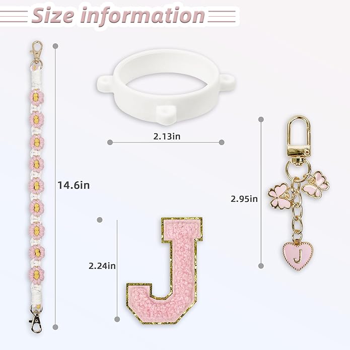 Compatible with Owala Water Bottle Accessories, Cute Letter Charm Set with Boho Handle Strap, Monogram Sticker, Silicone Ring, Keychain Decoration, for FreeSip 24 32 40oz, Owala Kids, Tumbler Gift