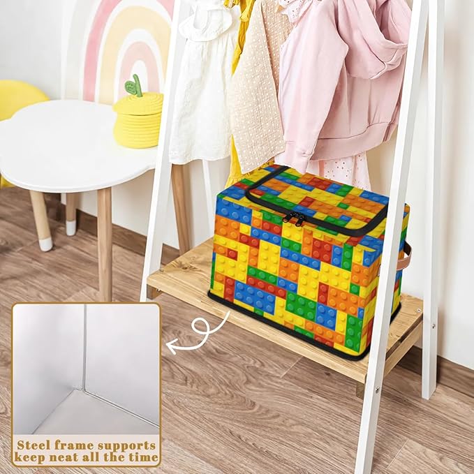 Storage Bins With Zipper Lid, Collapsible Trunk Organizer, Car Organizers and Storage Bins with Lids, Decorative Storage Boxes with Handle, Home Storage Baskets (Colorful Building Blocks)