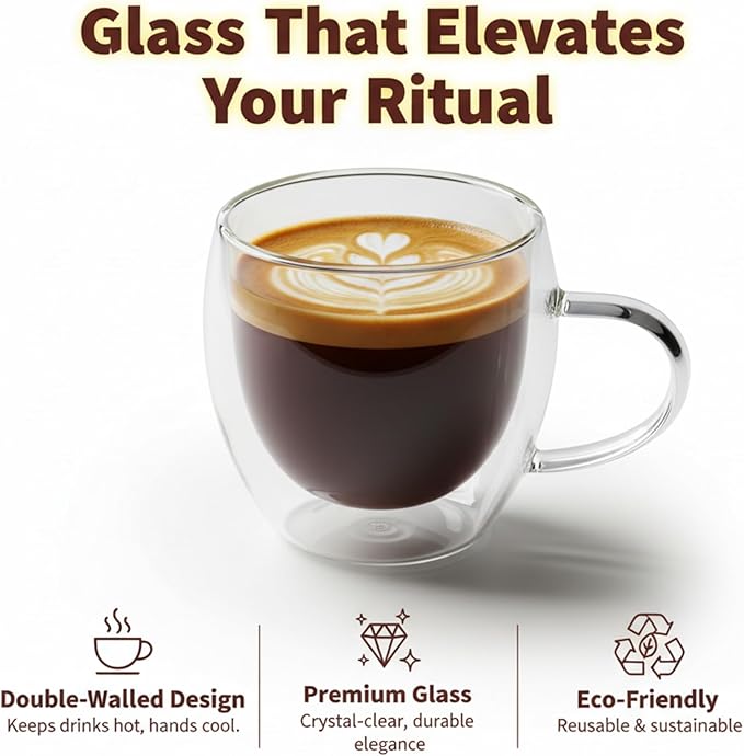 Double Walled Coffee Cups Glasses Mugs 9oz Set of 4 | Heat Resistant Borosilicate Clear Glass Espresso Latte Cappuccino Tea Cups with Handle | Insulated Glass Coffee Mugs Ideal for Gifting