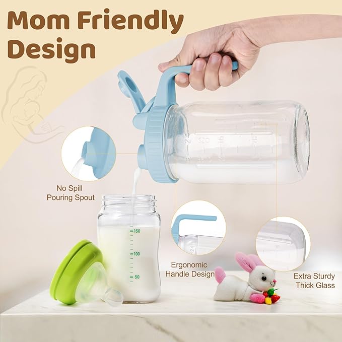 Breast Milk Pitcher with Leak Proof Flip Cap & Pour Spout, 32 oz Wide Mouth Mason Jars for Breast Milk Storage Container, Glass Picther with Lid for Cold Brew Coffee, Sun Tea, Juices, Green