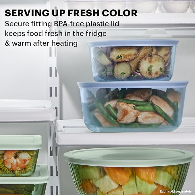 Pyrex Colors Tinted (4 Cup) Medium Round Food Storage Container, Snug Fit Non-Toxic Plastic BPA-Free Lids, Freezer Dishwasher Microwave Safe