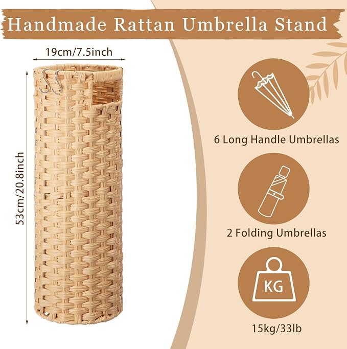 Lounsweer 20.8" H Extra Tall Rattan Umbrella Stand, Hand Woven Umbrella Rack Organizer Freestanding with Detachable Drip Tray and 2 Hooks, Bucket for Home, Entryway, Mud Room, Office, 7.5" L x 7.5" W