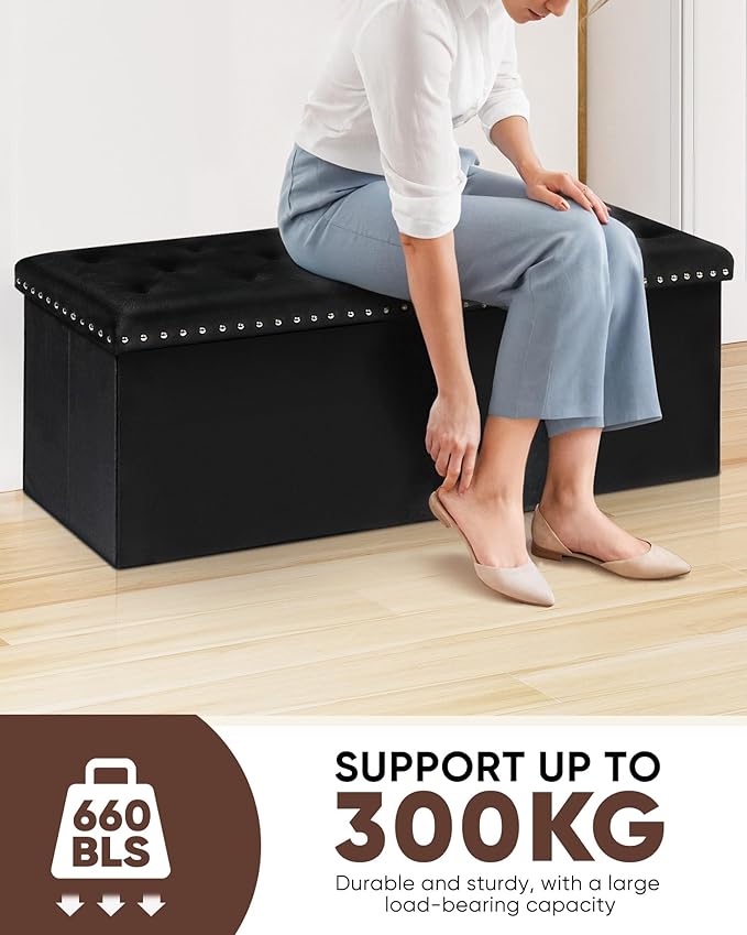 B FSOBEIIALEO Storage Ottoman Bench, Folding Tufted Ottomans with Storage, Extra Large 140L Storage Boxes Footrest Bench for Bedroom, Luxury Velvet Fabric 43 Inches Black