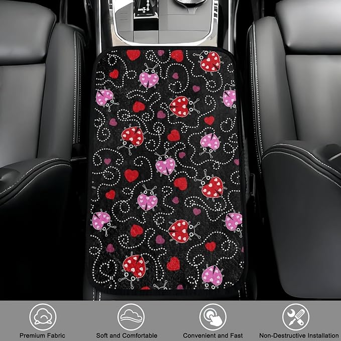 CLOHOMIN Cute Ladybug Car Arm Rest Covers Heart Auto Armrest Pad with Straps Warm Car Accessories Flannel Auto Center Console Armrest Cushion Cover Fit for Most Vehicles